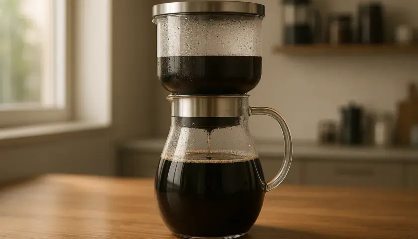 En kaffebryggare i glas med en metallbehållare ovanpå, där kaffe droppar ner i kannan. Perfekt för att koka kaffe i kastrull.