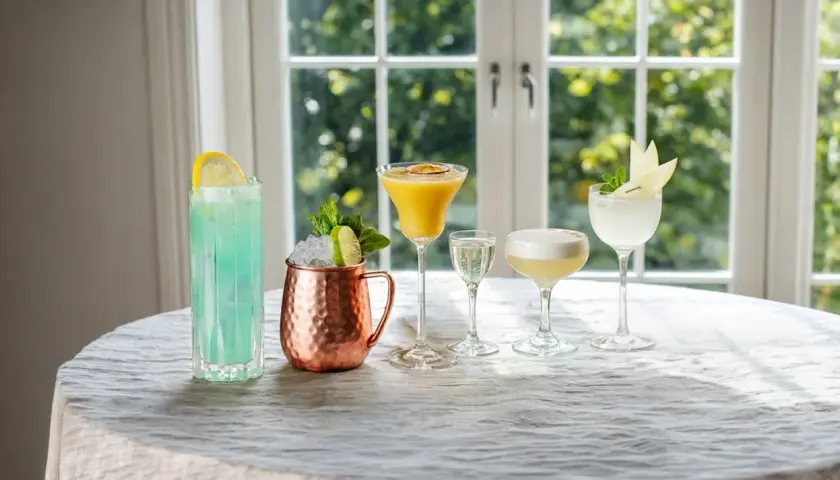 Fem olika drinkar, inklusive en blå, en gul med passionsfrukt och en vit med äpple, står uppradade. Perfekt för att njuta av goda vodka drinkar.