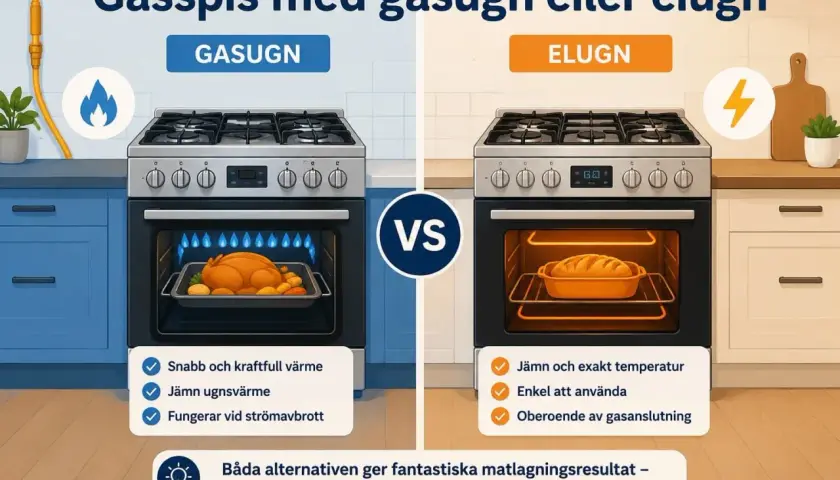 Jämförelse av gasugn med kyckling och elugn med bröd. Lär dig skillnad varmluft och vanlig ugn för bästa matlagning.