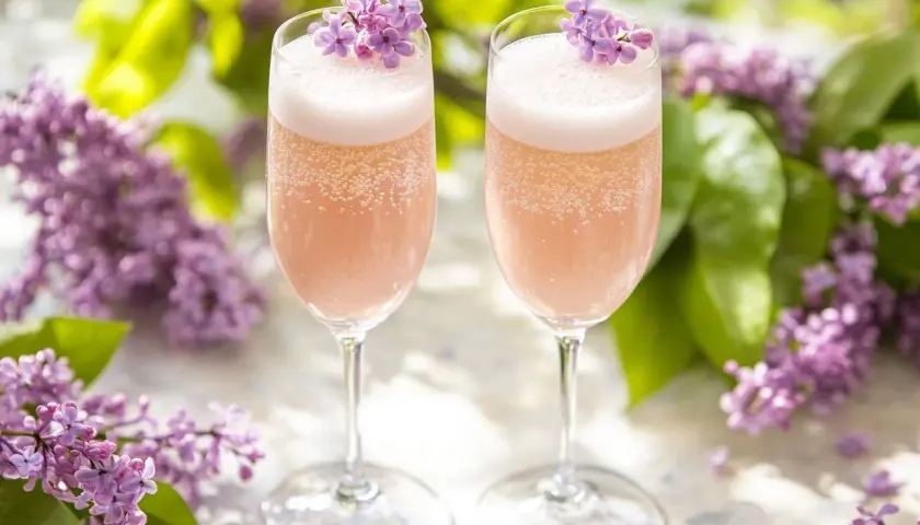 Två glas bubbel med syrenblommor, perfekt för ett syrensirap recept.