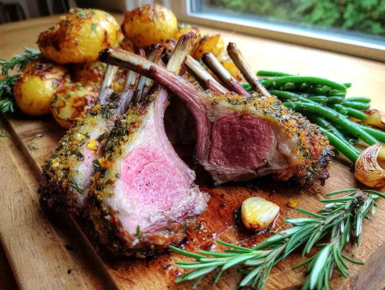 Saftig lammracks med örtpanering, serverad med rostade potatisar, haricots verts och vitlök. Ett perfekt lammracks recept för en festmåltid.