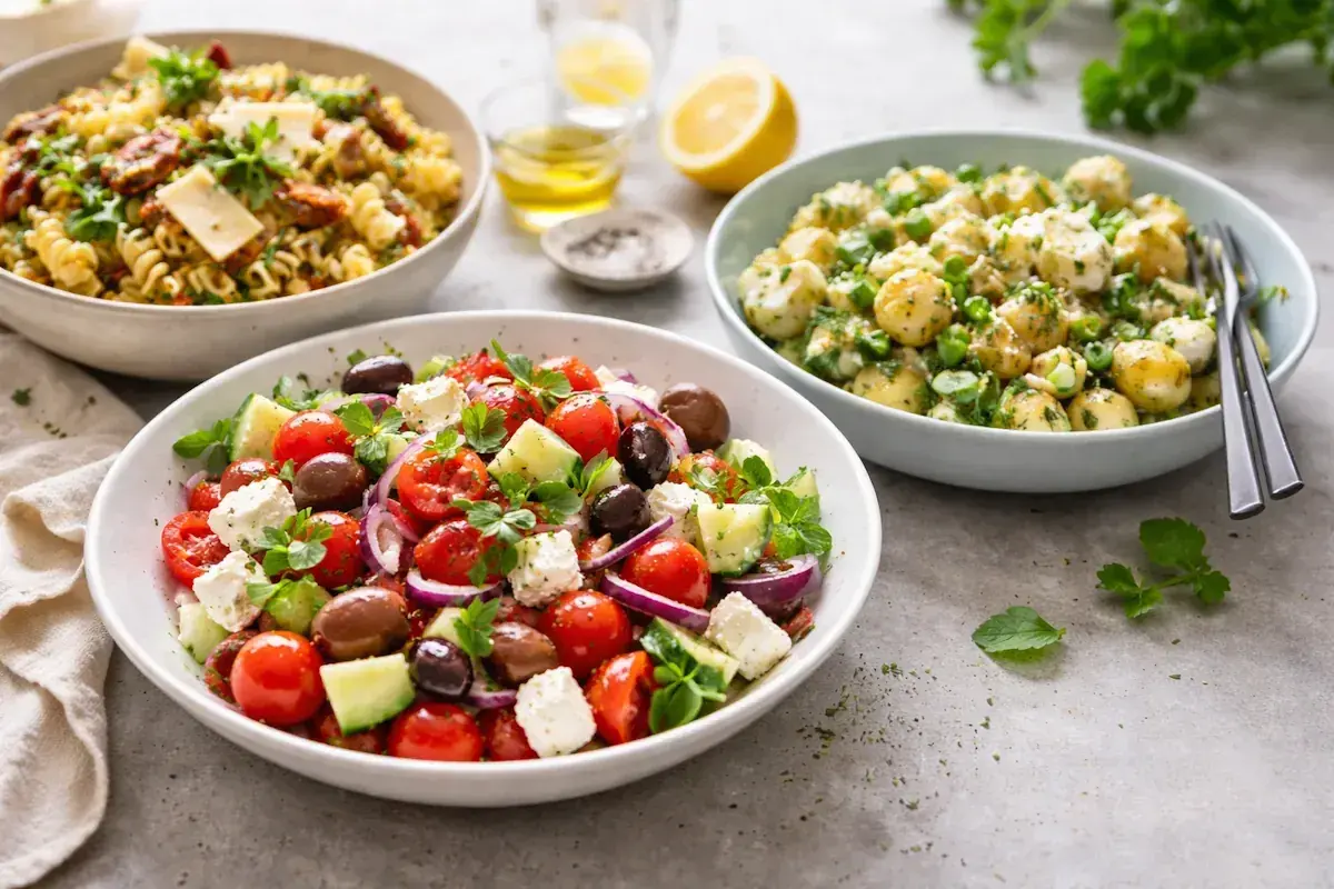 Tre skålar med kall sommarmat: en grekisk sallad, potatissallad och pastasallad. Perfekt för en varm dag.