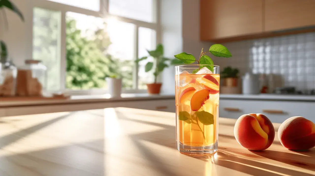 Ett glas persikote med is och färska persikobitar, perfekt för ett iste recept. Två persikor ligger bredvid på träbordet.