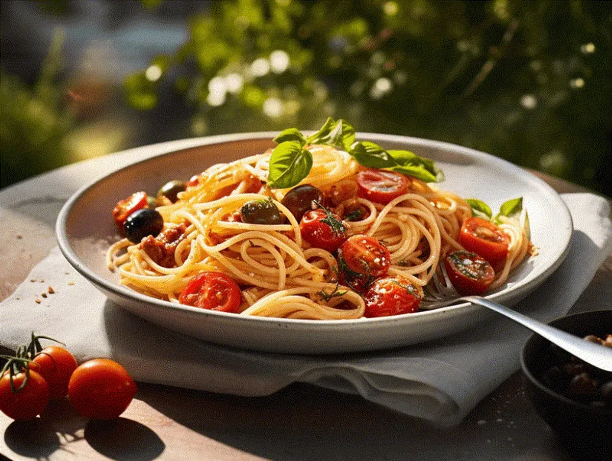 En tallrik med god pasta, körsbärstomater, oliver och basilika, serverad utomhus i solljus.