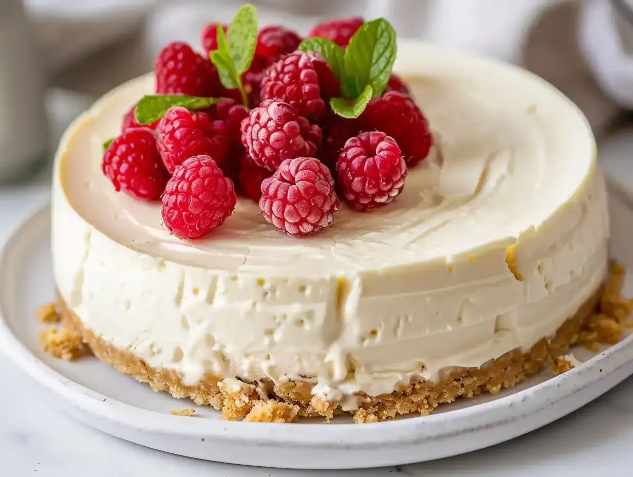 En krämig cheesecake med hallon och mynta på toppen. Perfekt som en fryst dessert.