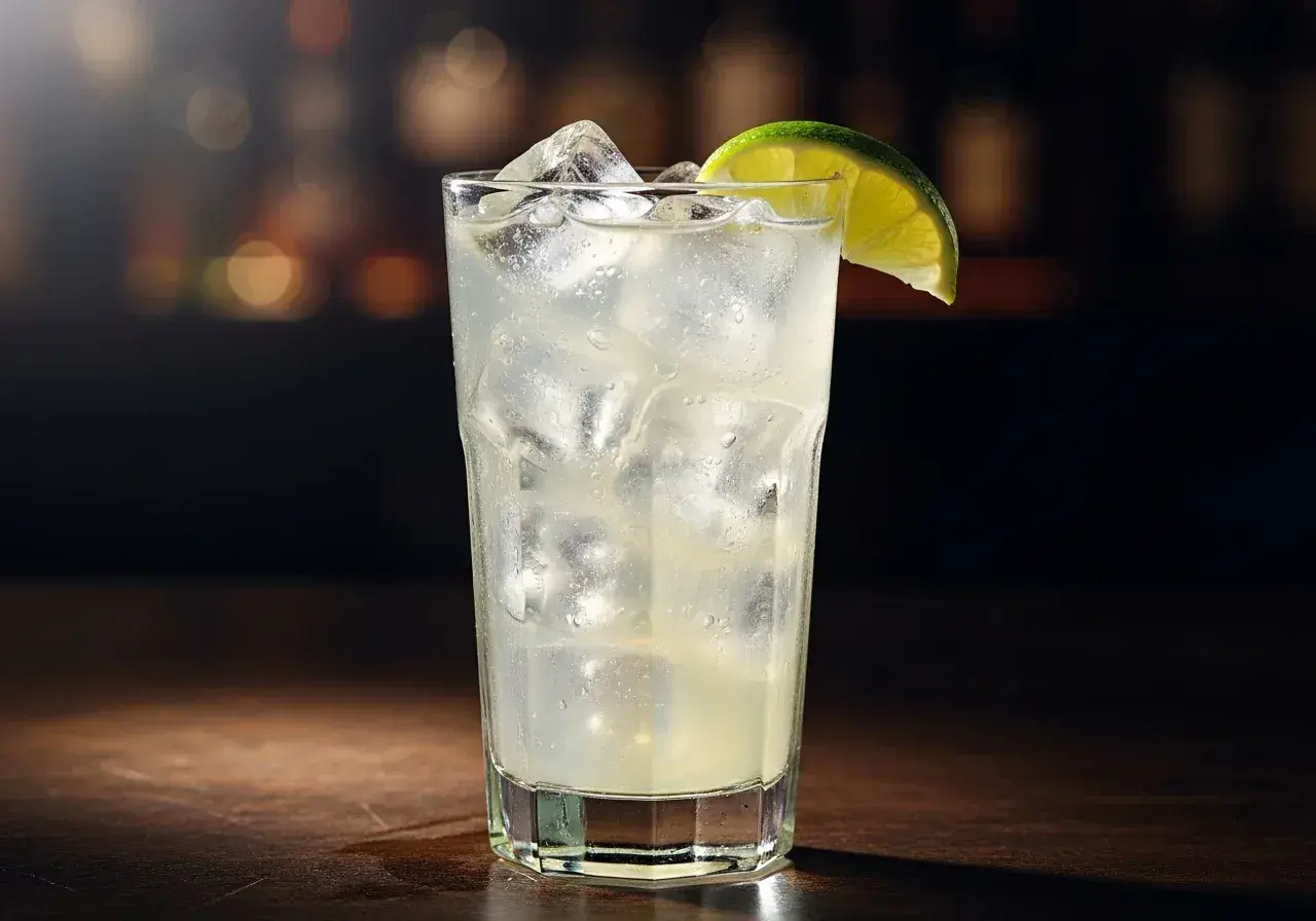Ett glas med is och en limeklyfta, en uppfriskande cointreau drink.