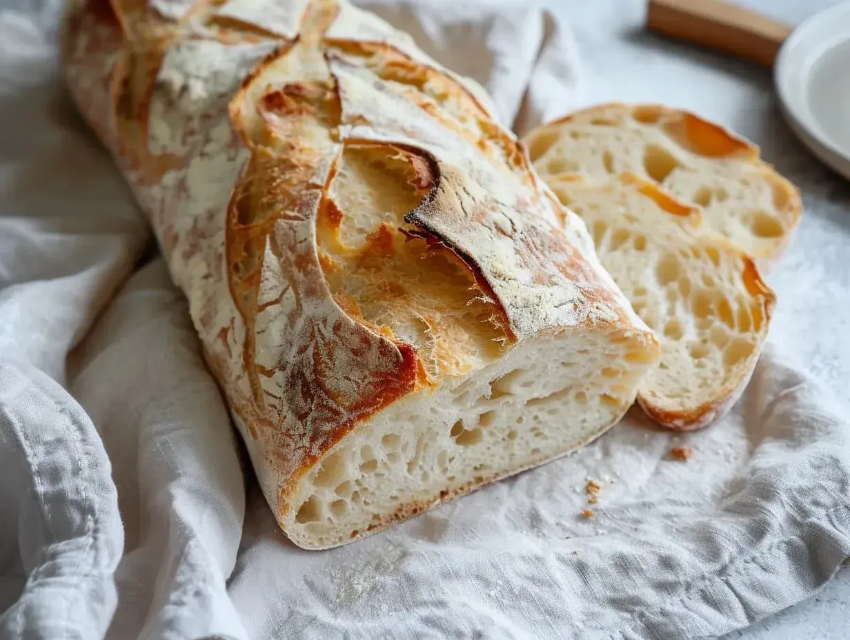 Nybakad ciabatta med krispig skorpa och luftig insida. Ett perfekt ciabatta durumvete recept för hemmabruk.