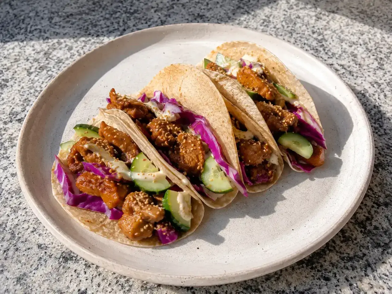Tre läckra tacos med krispig fyllning, rödkål och gurka. Ett perfekt tacos recept för en snabb middag.
