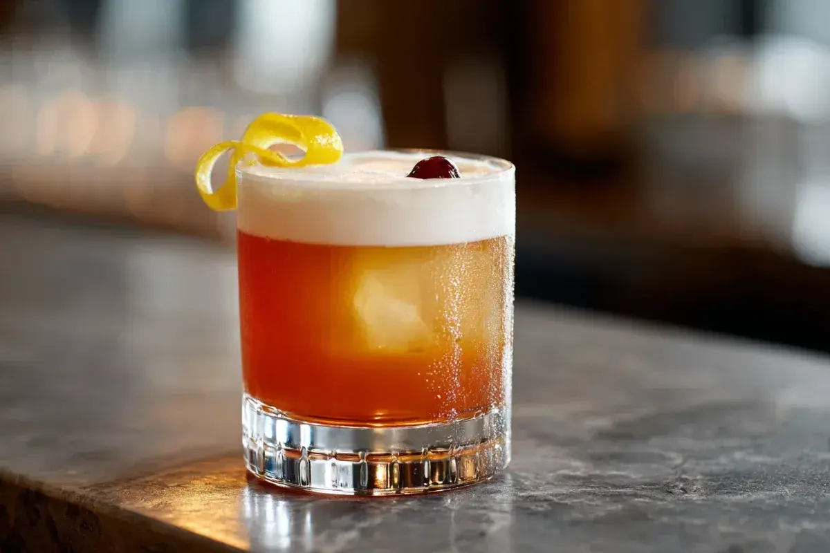 En Amaretto Sour med skummig topp, citronskal och körsbär. Perfekt för en avslappnad kväll.