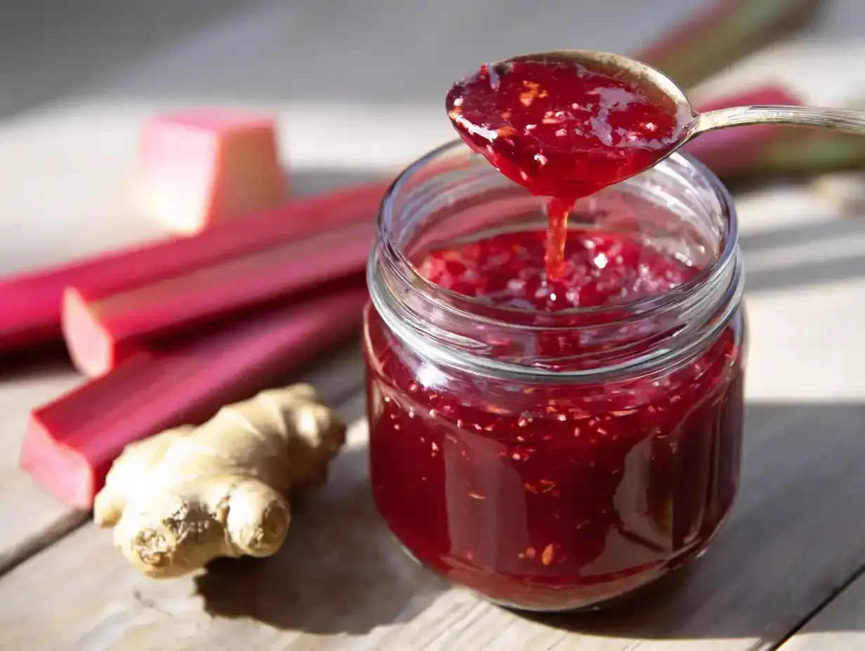 En burk med rabarbersaft, perfekt för ett somrigt rabarbersaft recept. Färska rabarber och ingefära ligger bredvid.