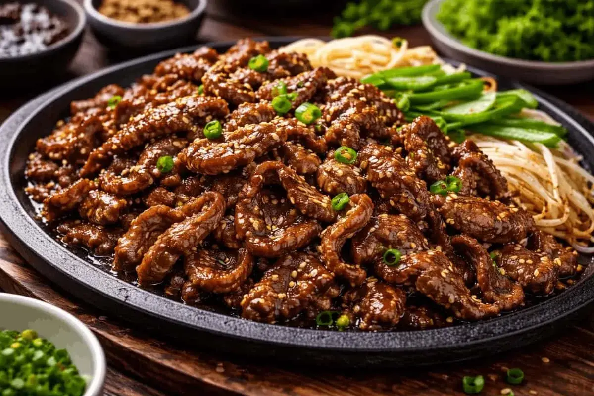 En portion saftig bulgogi, perfekt för ett hemlagat bulgogi recept. Serveras med nudlar och grönsaker.