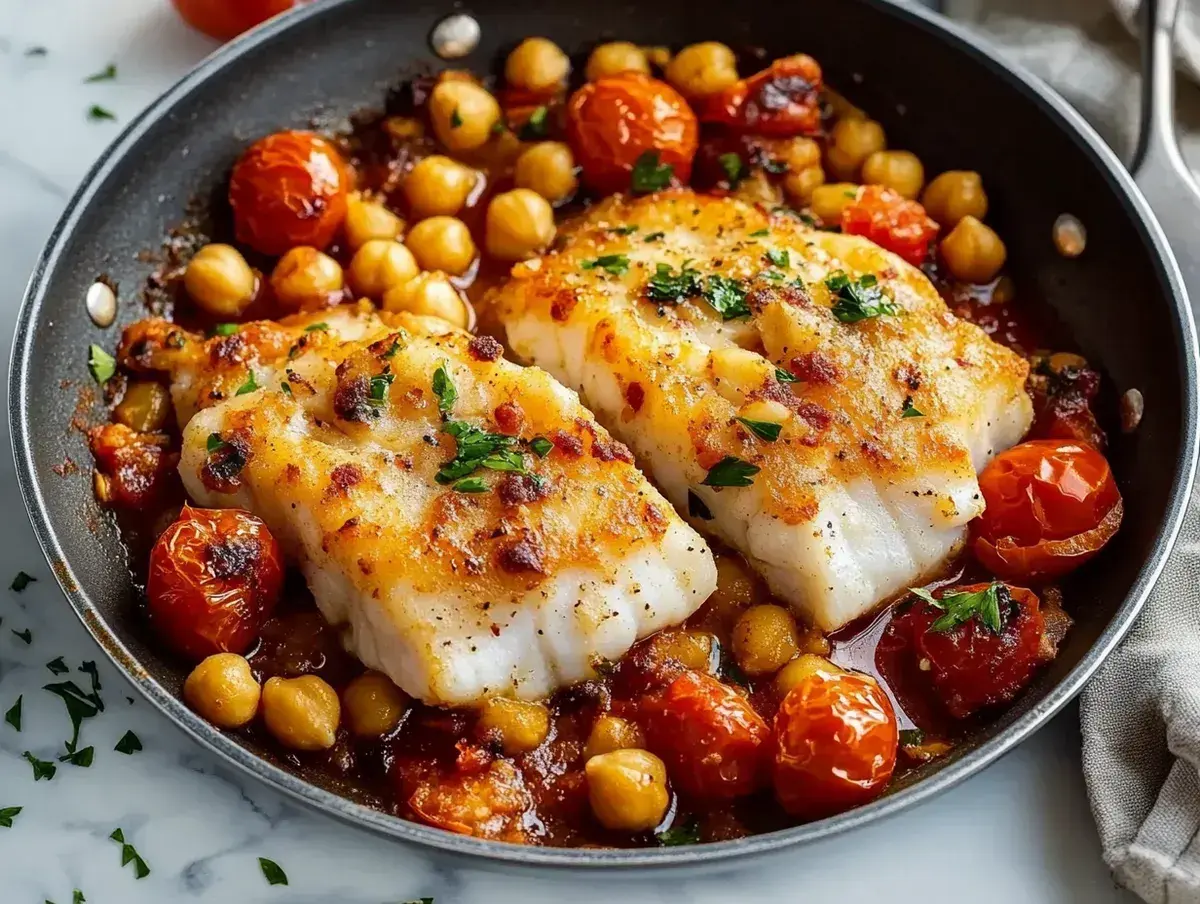 Två saftiga filéer av vit fisk serveras i en panna med körsbärstomater och kikärtor, toppad med färsk persilja.