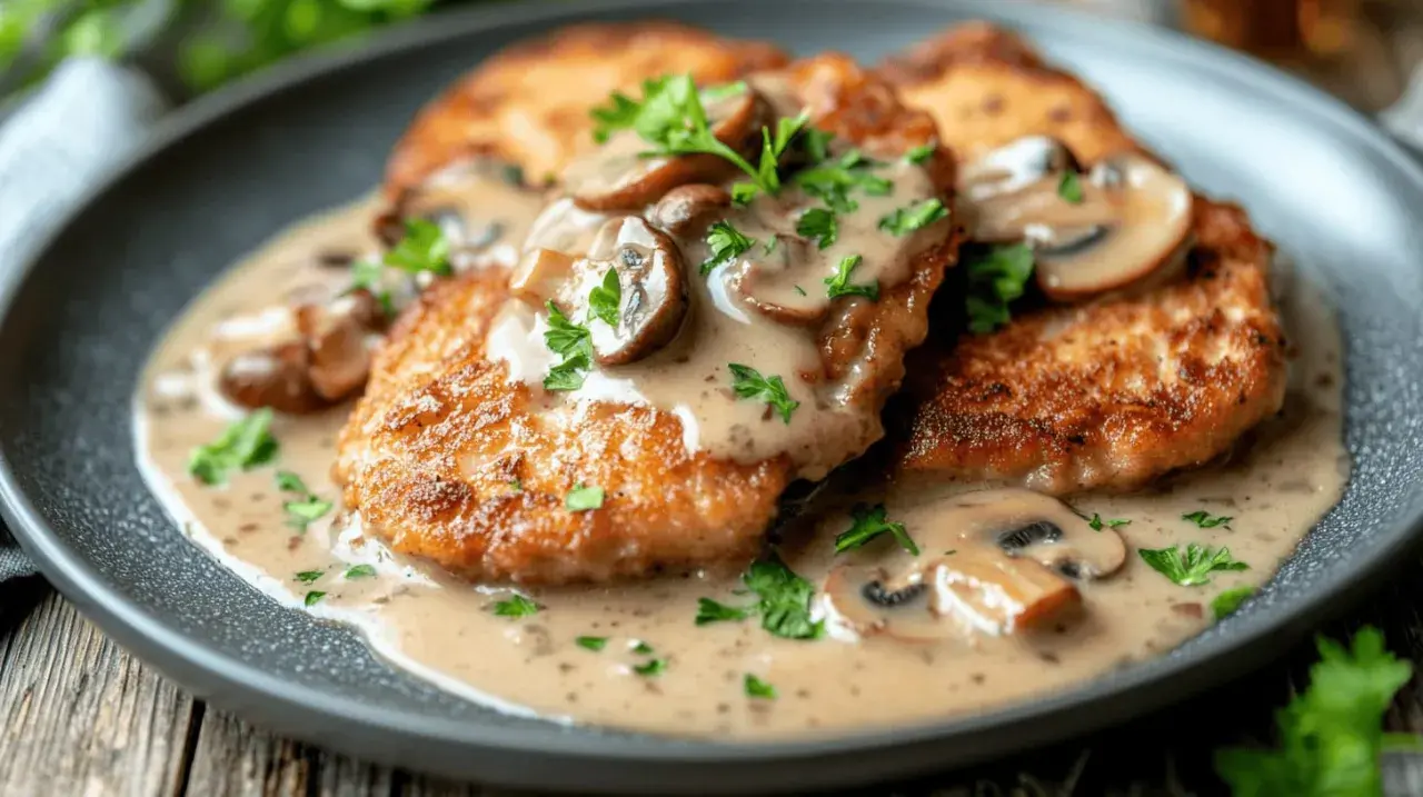 Krispiga schnitzlar med krämig svampsås och persilja. Ett klassiskt schnitzel recept som passar perfekt till middagen.