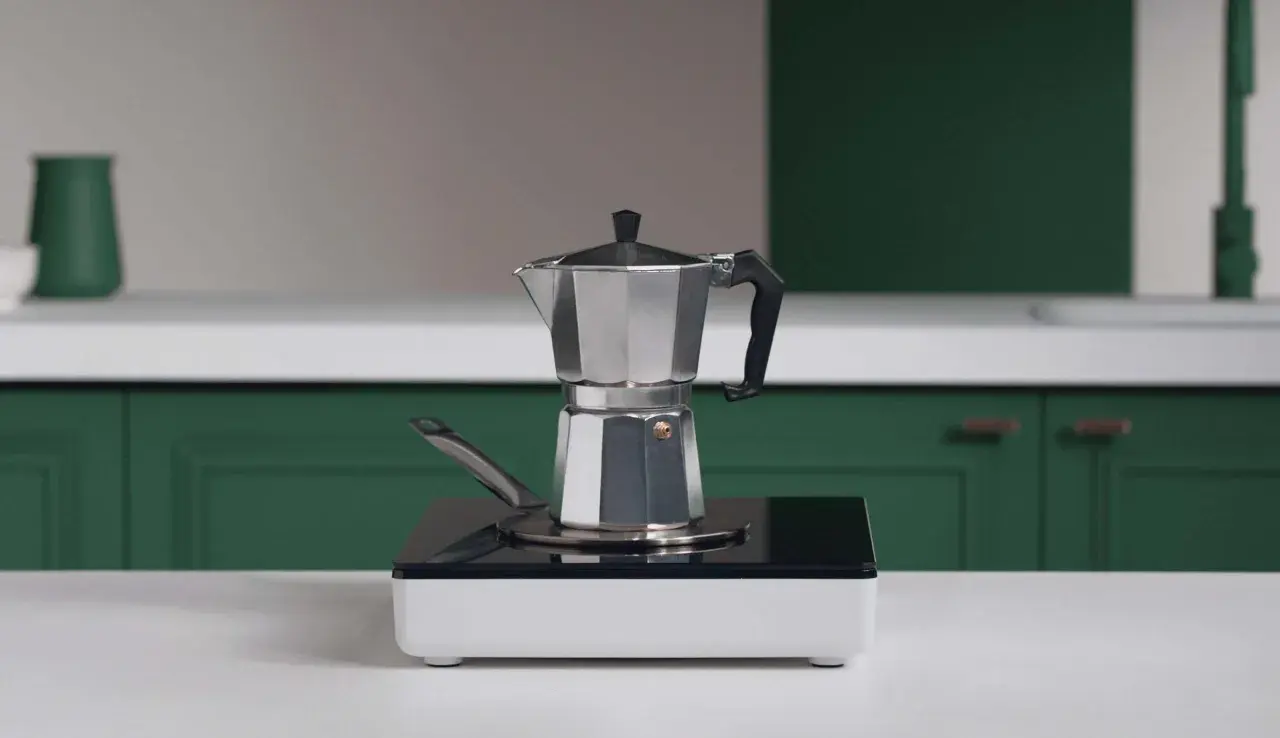 En mokkakanne står på en induktionshäll, redo att brygga kaffe.