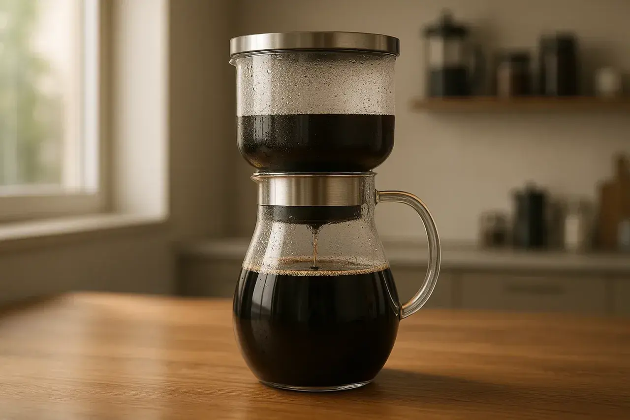 En kaffebryggare i glas med en metallbehållare ovanpå, där kaffe droppar ner i kannan. Perfekt för att koka kaffe i kastrull.
