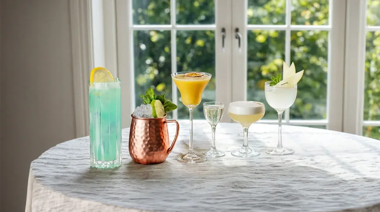 Fem olika drinkar, inklusive en blå, en gul med passionsfrukt och en vit med äpple, står uppradade. Perfekt för att njuta av goda vodka drinkar.