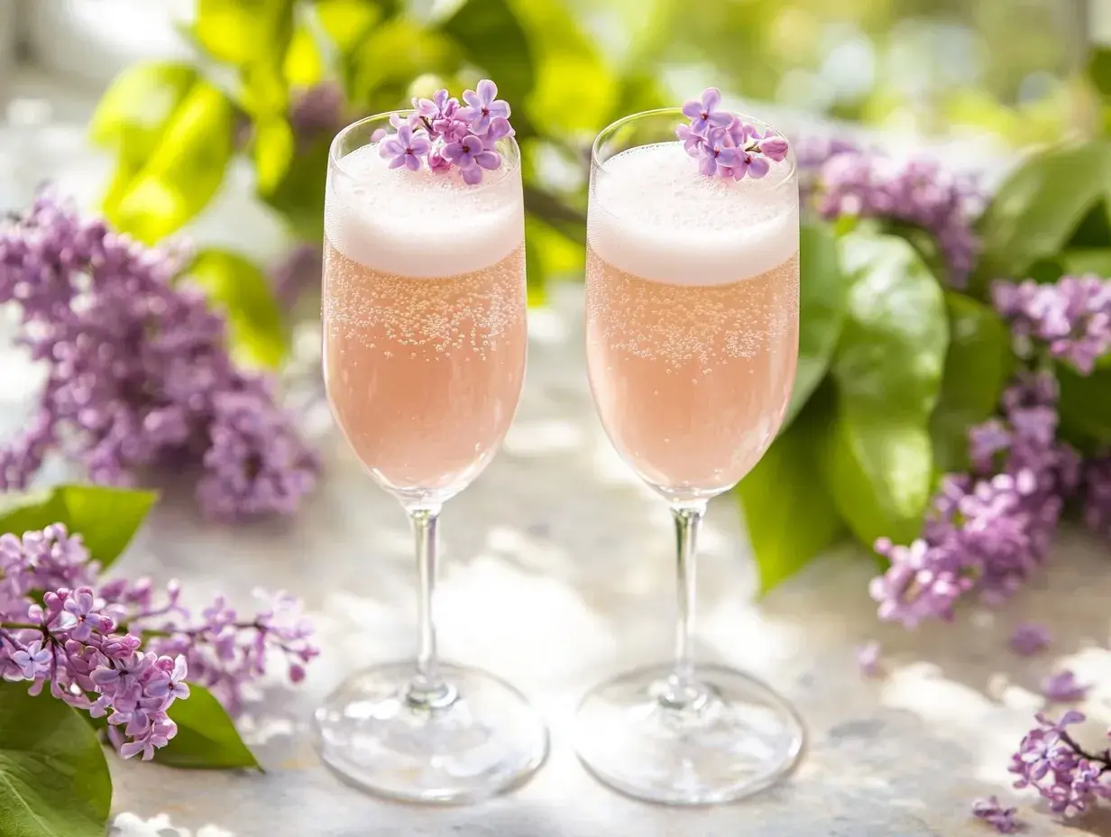 Två glas bubbel med syrenblommor, perfekt för ett syrensirap recept.