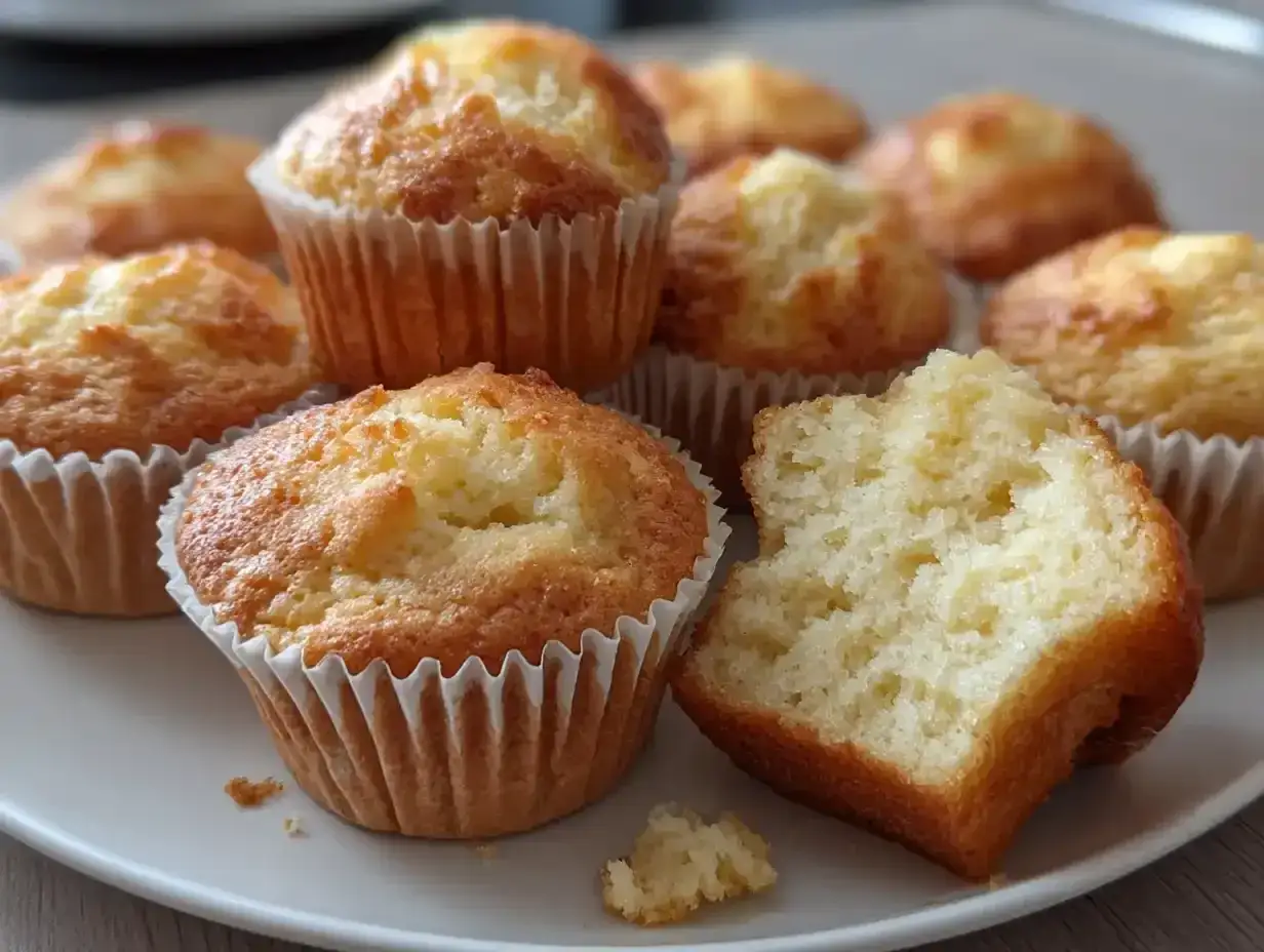 En tallrik med saftiga muffins, en är uppäten och visar det fluffiga inkråmet. Perfekt för fikat!