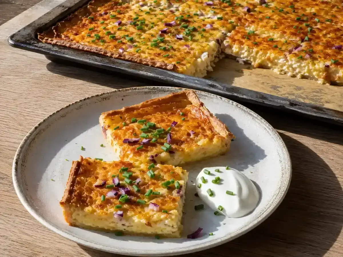 Två bitar av en gyllene, god matpaj med lök och gräslök, serverade med en klick gräddfil. En hel paj syns i bakgrunden.