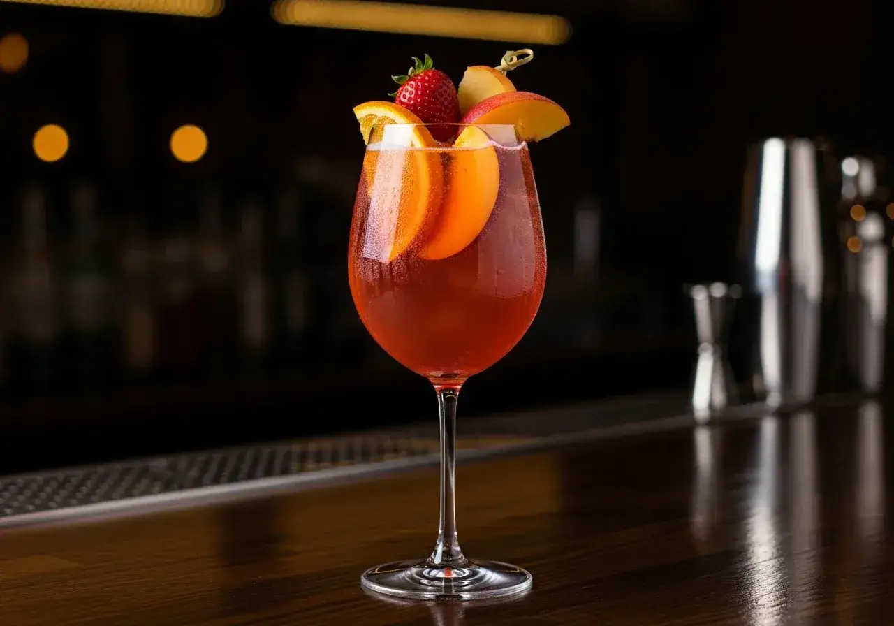 Ett glas med röd cava sangria, garnerat med apelsinskivor, jordgubbe och persika. Perfekt för en festlig stund.