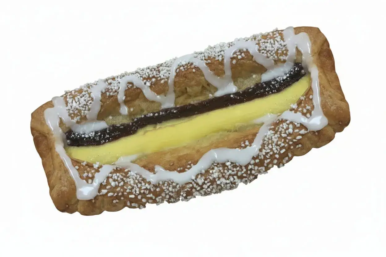 En avl&aring;ng bakelse med gul vaniljkr&auml;m och m&ouml;rk chokladkr&auml;m, toppad med glasyr och p&auml;rlsocker. En riktig eclair-dr&ouml;m!