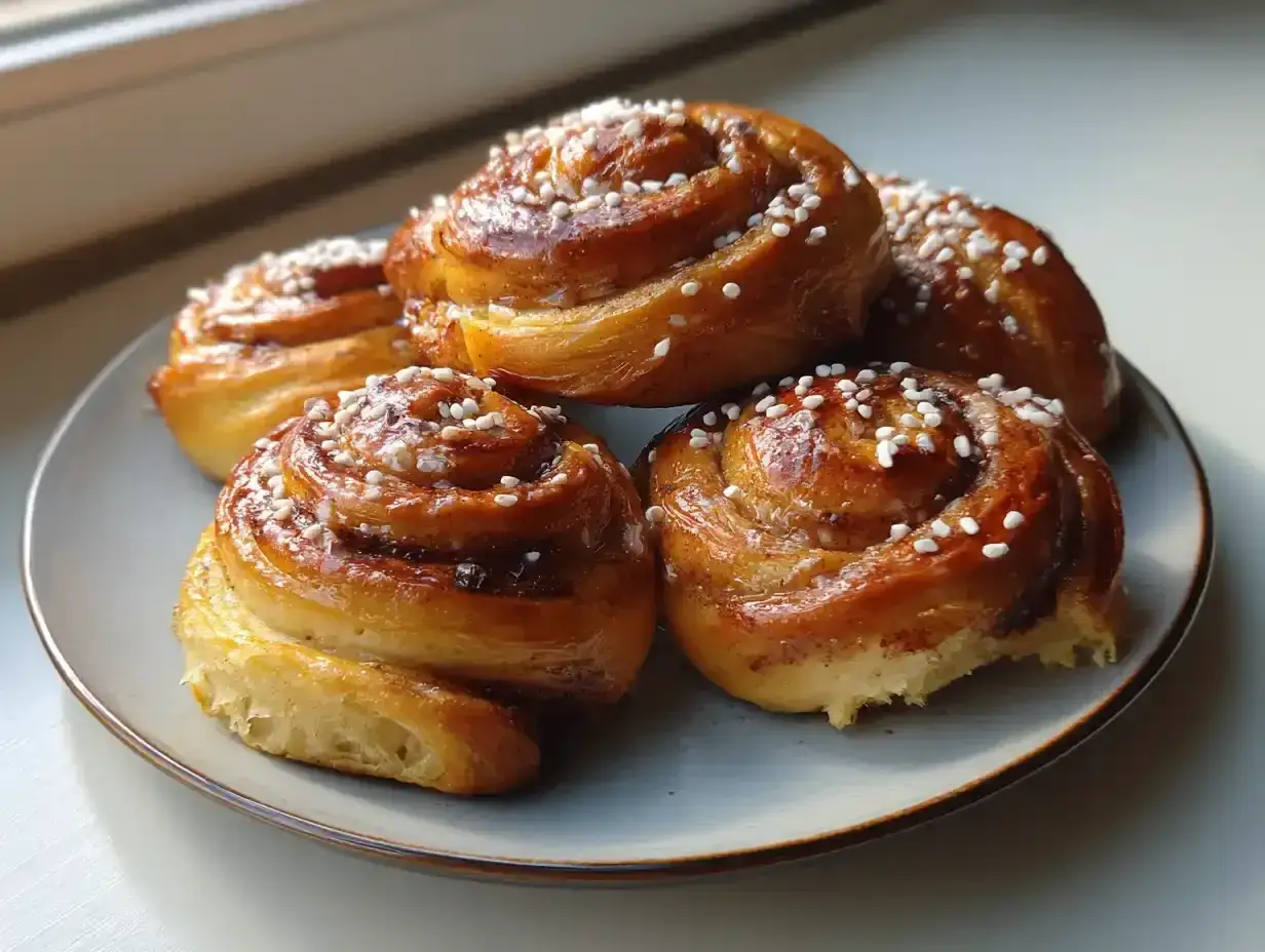 F&auml;rska kanelbullar med p&auml;rlsocker, perfekta f&ouml;r ett vetedeg recept. Ljuvligt gyllene och inbjudande.