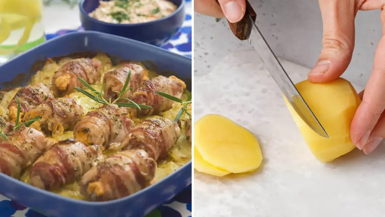 Baconlindad kyckling i ugn med potatis och en hand som skivar potatis.
